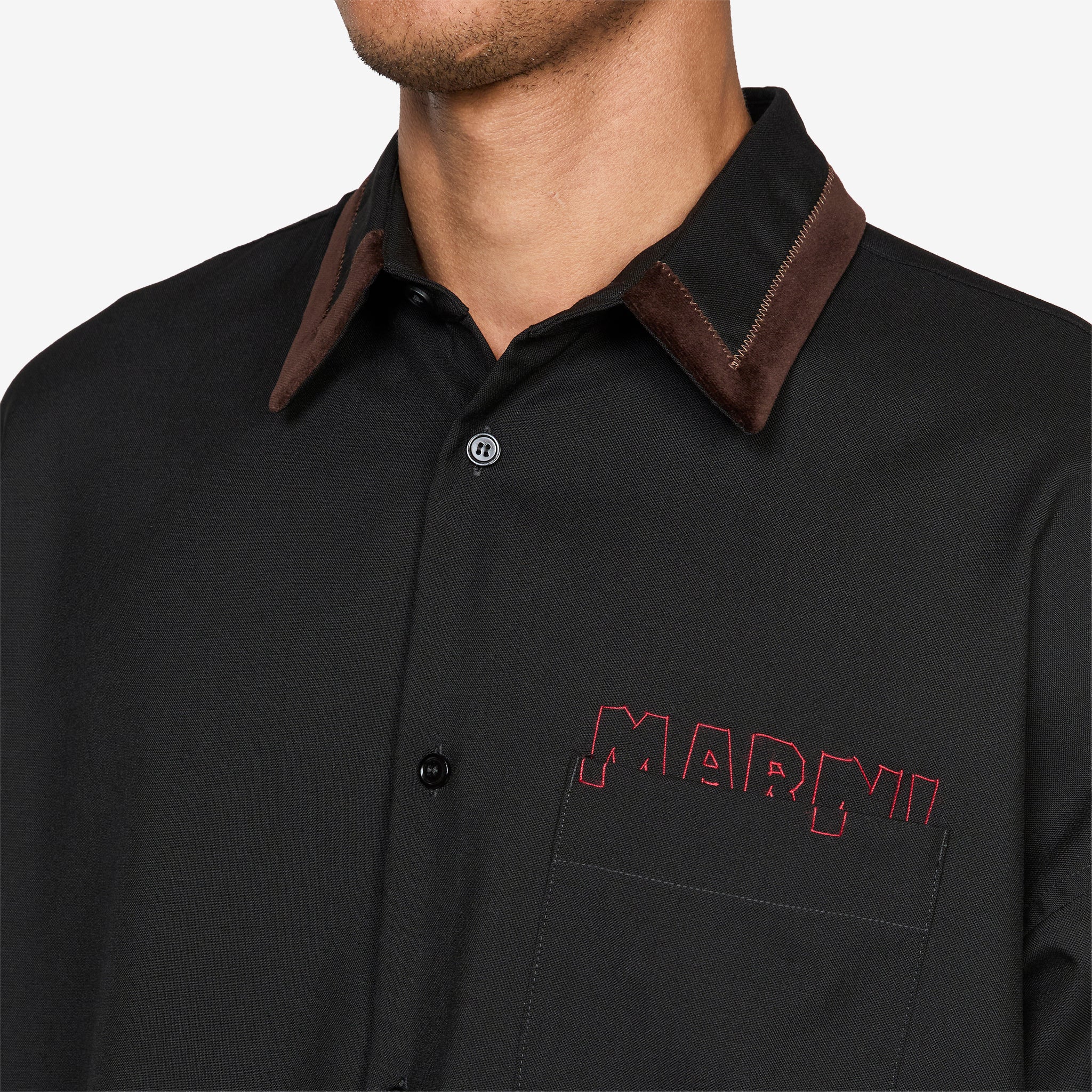 Velvet Collar Tropical Wool Longsleeve Shirt Black - Image 2